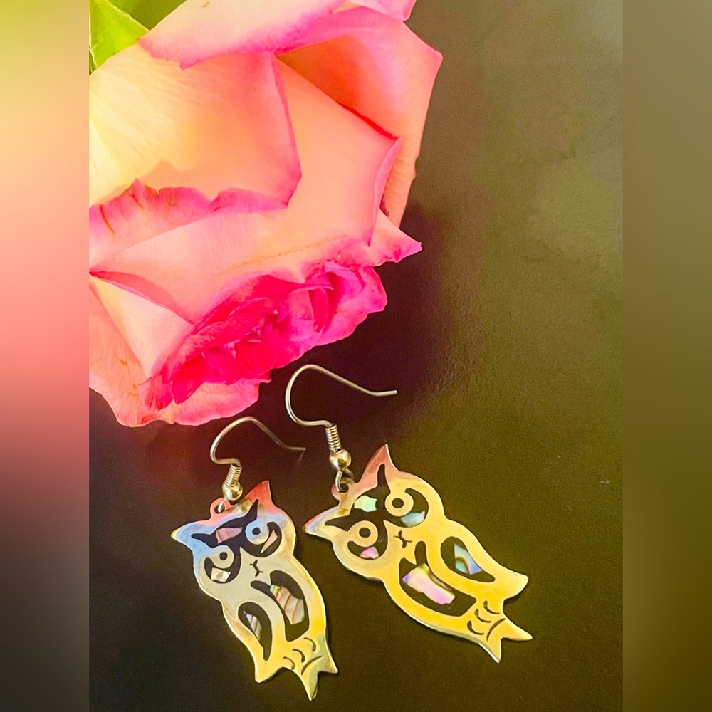Vintage Alpaca Silver with Abalone Shell Black Onyx Owl Earrings - Picture 3 of 8